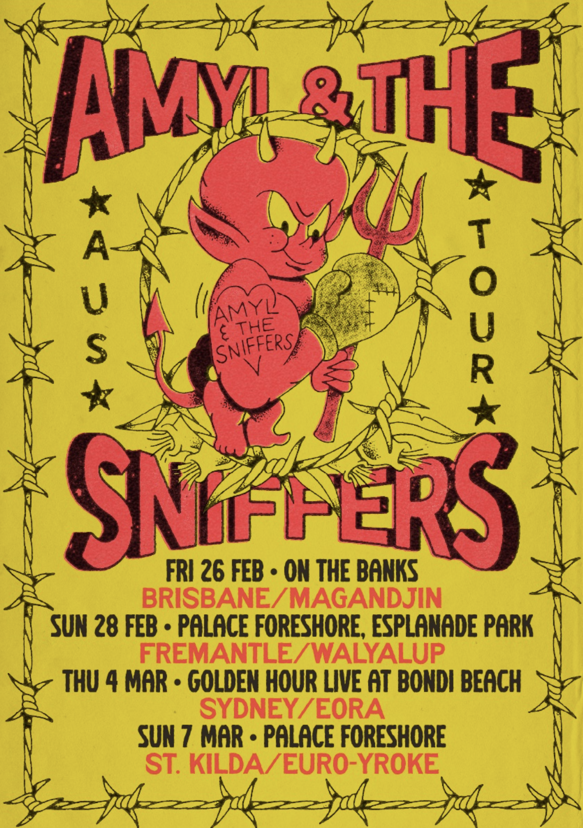 Yellow Amyl and The Sniffers Australian tour poster featuring a cartoon red devil with a pitchfork, barbed wire border, and concert tour dates.